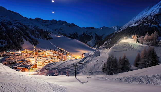 Idyllisch winterskigebied Hintertux Tirol Oostenrijk in de nacht verlicht door de maan