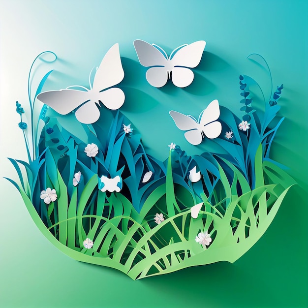 Idyllische lenteweide met vlindersachtergrond Generatieve AI