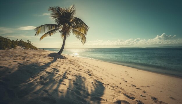 Idyllische palmboom op een rustige kustlijn zonsondergang over een tropisch paradijs gegenereerd door kunstmatige intelligentie