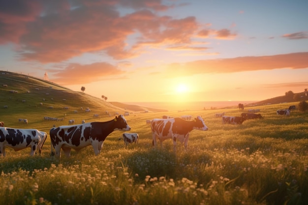 Idyllische taferelen koeien stippelen het landschap te midden van een betoverende zonsondergang