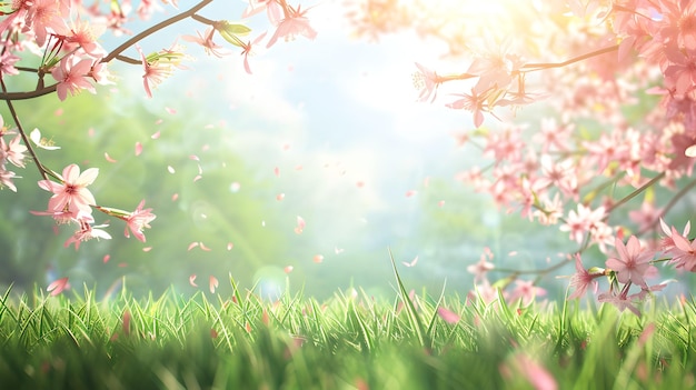 Idyllische voorjaarsbloesems die dansen in de bries, zonlicht dat door bladeren filtert, perfect voor een serene achtergrond of behang, een rustige natuurscene in zachte pasteltonen.