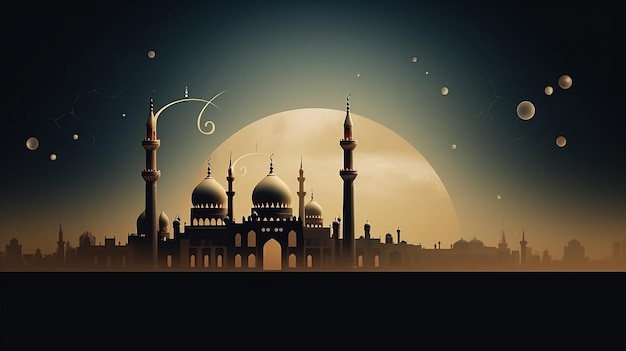 ied mubarak background greeting and wishes with beautiful mosque and moon illustration