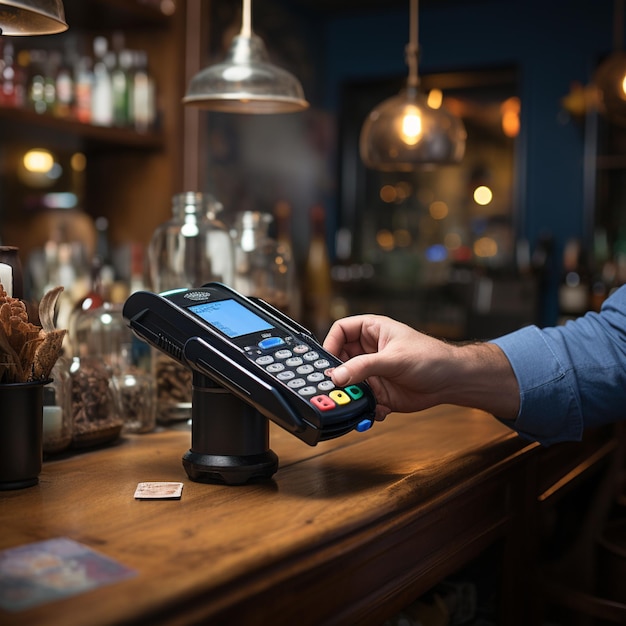 Iemand betaalt iets in een bar met een creditcardlezer generatieve ai