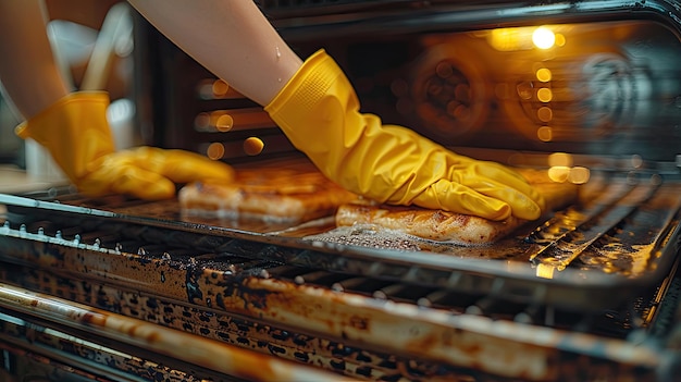 Iemand die de oven grondig schoonmaakt met milieuvriendelijke producten