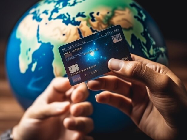 iemand die een creditcard vasthoudt voor een globe generative ai