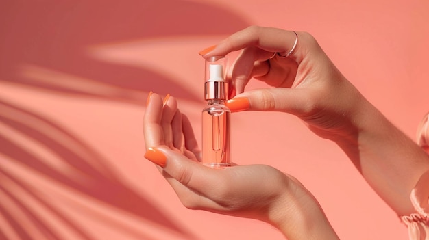 iemand die een fles parfum in zijn handen houdt op een roze achtergrond generatieve ai