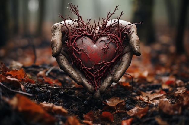 Foto iemand die een hart vasthoudt met een boom die eruit groeit generatieve ai