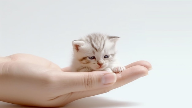 Iemand die een klein katje in zijn hand houdt op een witte ondergrond generatieve ai