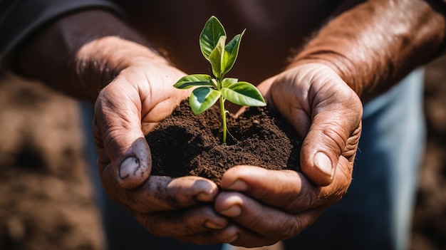 Iemand die een kleine plant in zijn handen houdt in het vuil generatieve ai