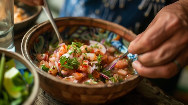 Iemand die een Mexicaanse Ceviche eet.