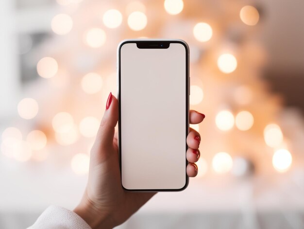 iemand die een telefoon vasthoudt met een wit scherm voor een kerstboom generatieve ai