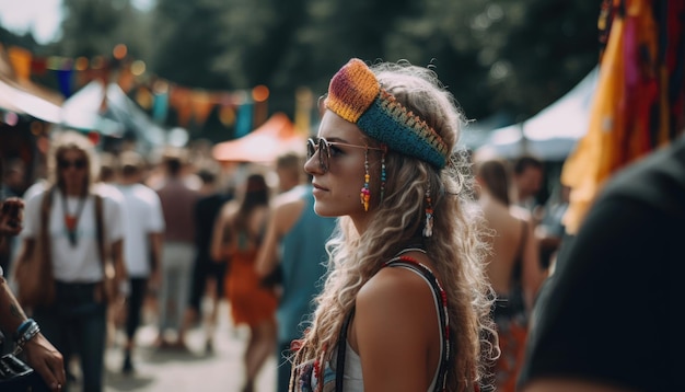 Iemand die geniet van een zomerfestival met mensenmassa's en kleurrijke versieringen Generatieve AI
