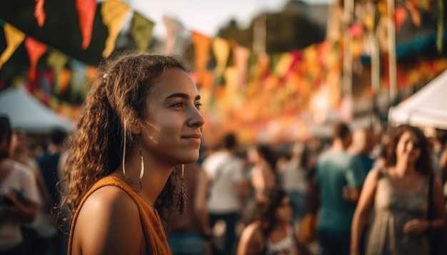 Iemand die geniet van een zomerfestival met mensenmassa's en kleurrijke versieringen Generatieve AI