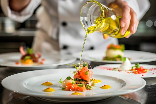 iemand die olijfolie op een bord met eten op een tafel giet generatieve ai