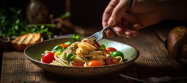 Iemand die spaghetti eet met een vork in de hand