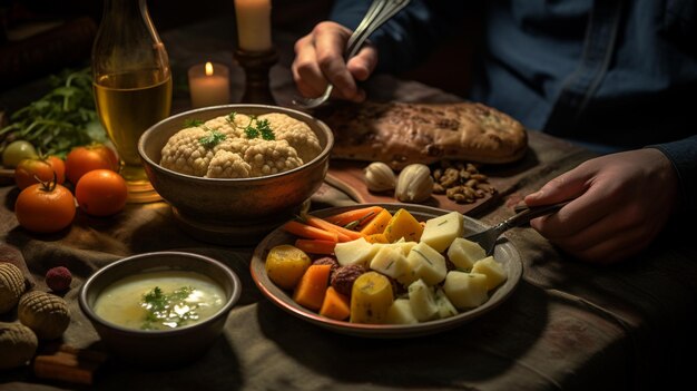 Foto iemand eet een maaltijd met een verscheidenheid aan groenten en brood generatieve ai