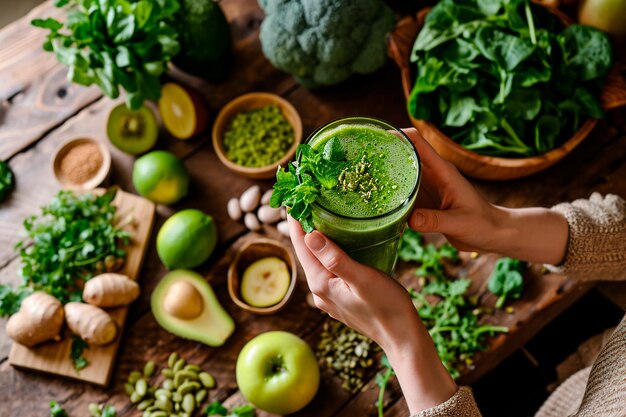 Iemand geniet van een verfrissende groene smoothie te midden van een achtergrond van verse ingrediënten voor groenten