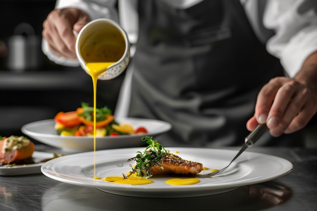 iemand giet mosterd op een bord met eten op een tafel generatieve ai