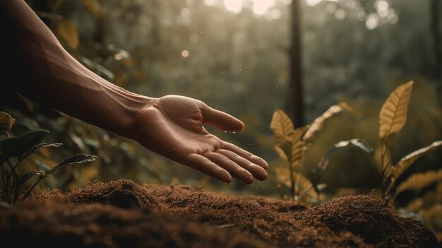 Foto iemand grijpt uit een hoop vuil in het bos.