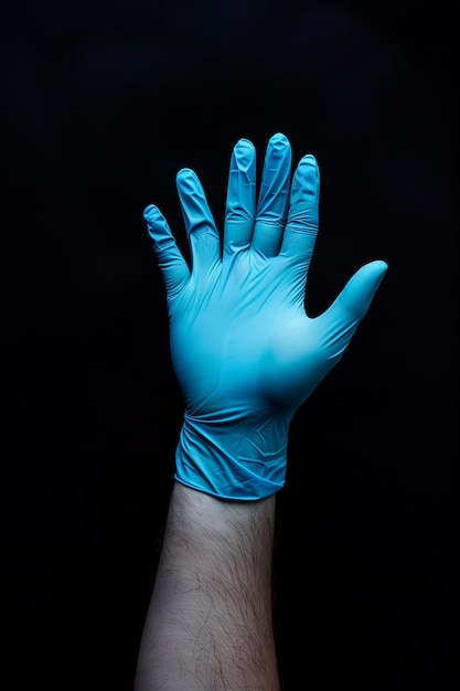 Foto iemand houdt een blauwe handschoen in de lucht.