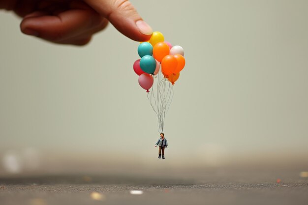 Foto iemand houdt een kleine pop vast met een stel ballonnen.