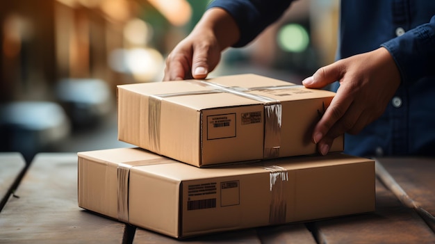 iemand legt een pakket op twee dozen op een tafel Generatieve AI