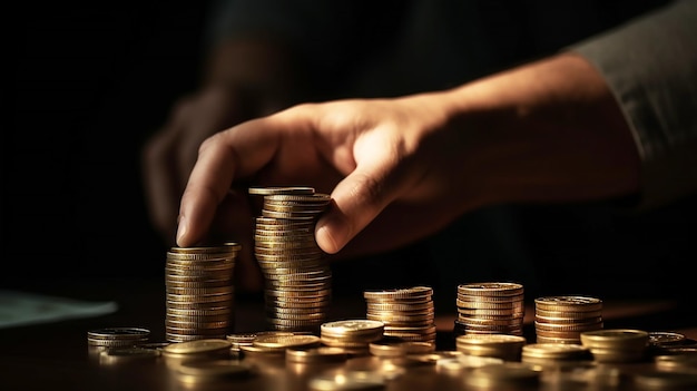 Iemand legt gouden munten op tafel.