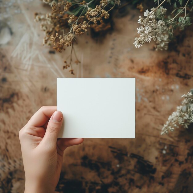 Iemand met een lege kaart in zijn hand met bloemen op de achtergrond