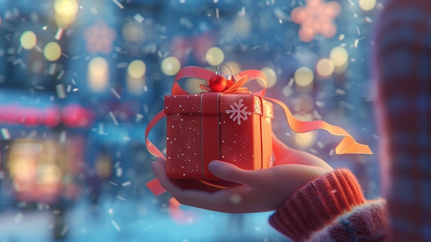 iemand met een rood geschenk in zijn hand in de sneeuw generatieve ai