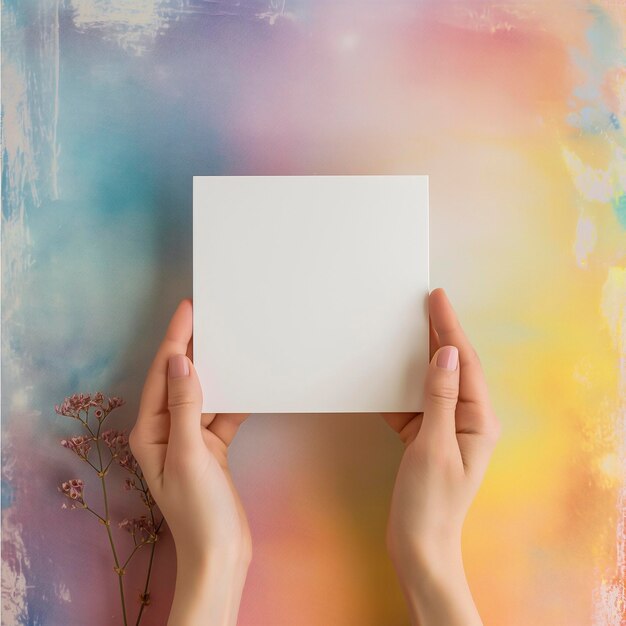 Foto iemand met een witte kaart in zijn hand met een kleurrijke achtergrond