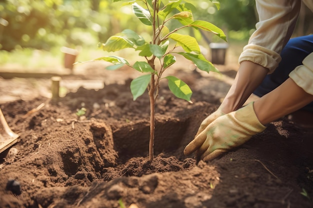 Iemand plant een boom in een tuin