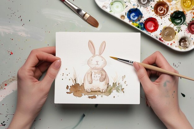 Iemand schildert een schilderij van een konijn met een penseel generatieve ai