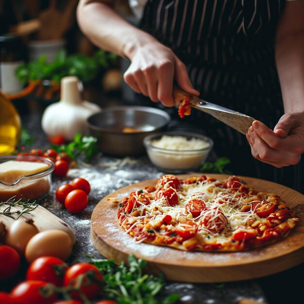 Iemand snijdt een pizza met een mes op een tafel generatieve ai