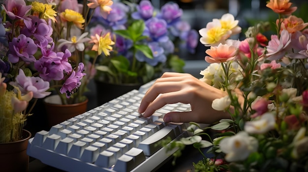 iemand tikt op een toetsenbord omringd door bloemen Generatieve AI