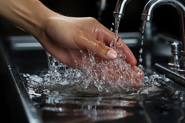 iemand wast zijn handen onder een kraan terwijl er water door de kraan stroomt.