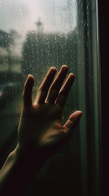 iemands hand houdt een raam vast met regendruppels erop.