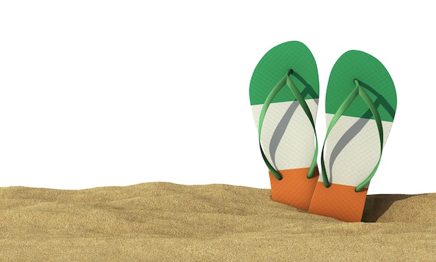 Ierland vlag flip flop sandalen op een witte achtergrond 3D Rendering