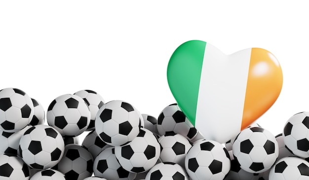 Ierland vlag hart met een voetbal achtergrond Voetbal banner 3D-rendering