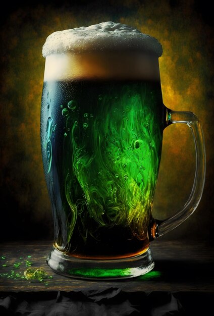 Iers groen bier St Patrick's Day shamrock Een glazen mok schuimend groen bier op tafel Culturele religieuze feestdag op 17 maart