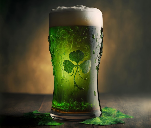 Iers groen bier St Patrick's Day shamrock Een glazen mok schuimend groen bier op tafel Culturele religieuze feestdag op 17 maart