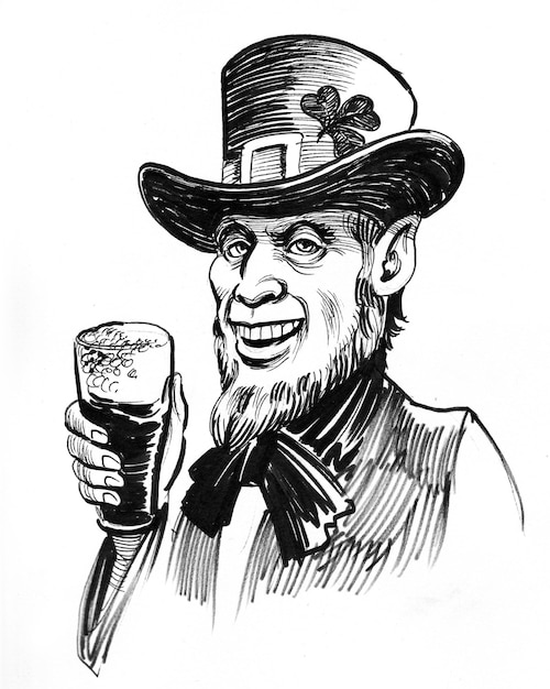 Iers Leprechaun-personage dat een glas bier drinkt. Inkt zwart-wit tekening