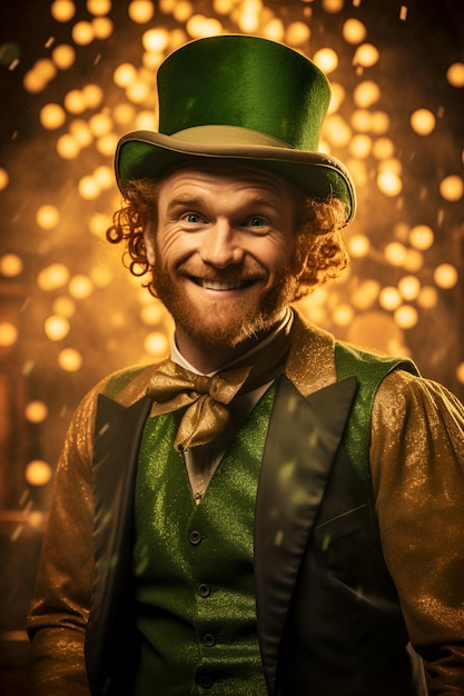 Ierse kabouter die een hoed draagt tegen een gouden feestelijke achtergrond die St. Patrick's Day viert