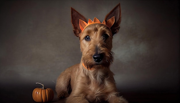 Ierse terriër hond poseren voor Halloween met een pompoen en grappige oren hoofdband