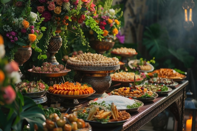 Iftar feast backdrop featuring traditional Arabic cuisine