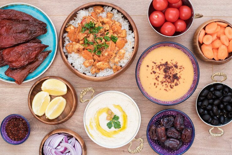 Iftar Food Table. Evening Meal For Ramadan. Arabic Cuisine