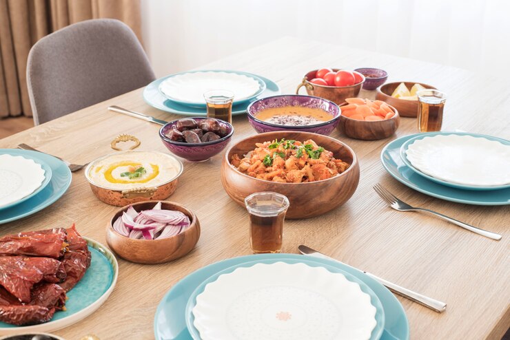 Iftar Food Table at Home. Evening Meal For Ramadan. Arabic Cuisine