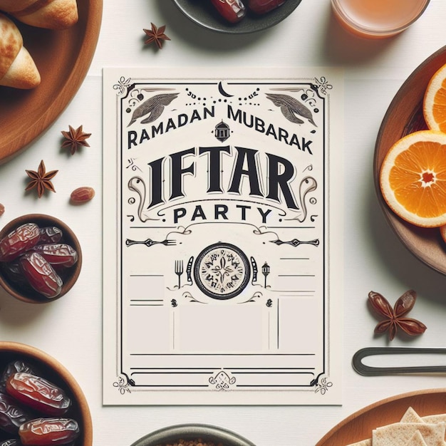 Foto invito all'iftar con datteri, pane, frutta e design elegante