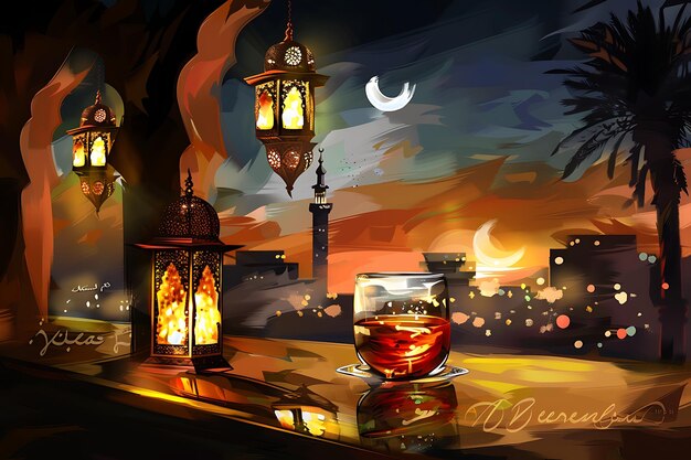 Foto invito a una festa di iftar con lampade in stile realistico