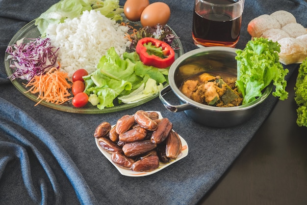 Iftar and sahoor meal serving on dining table during Ramadan holy month