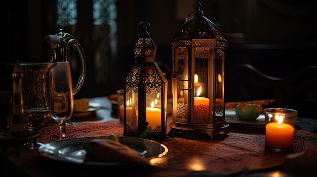 A Iftar table decorated in golden tones with glowing candles and lanterns